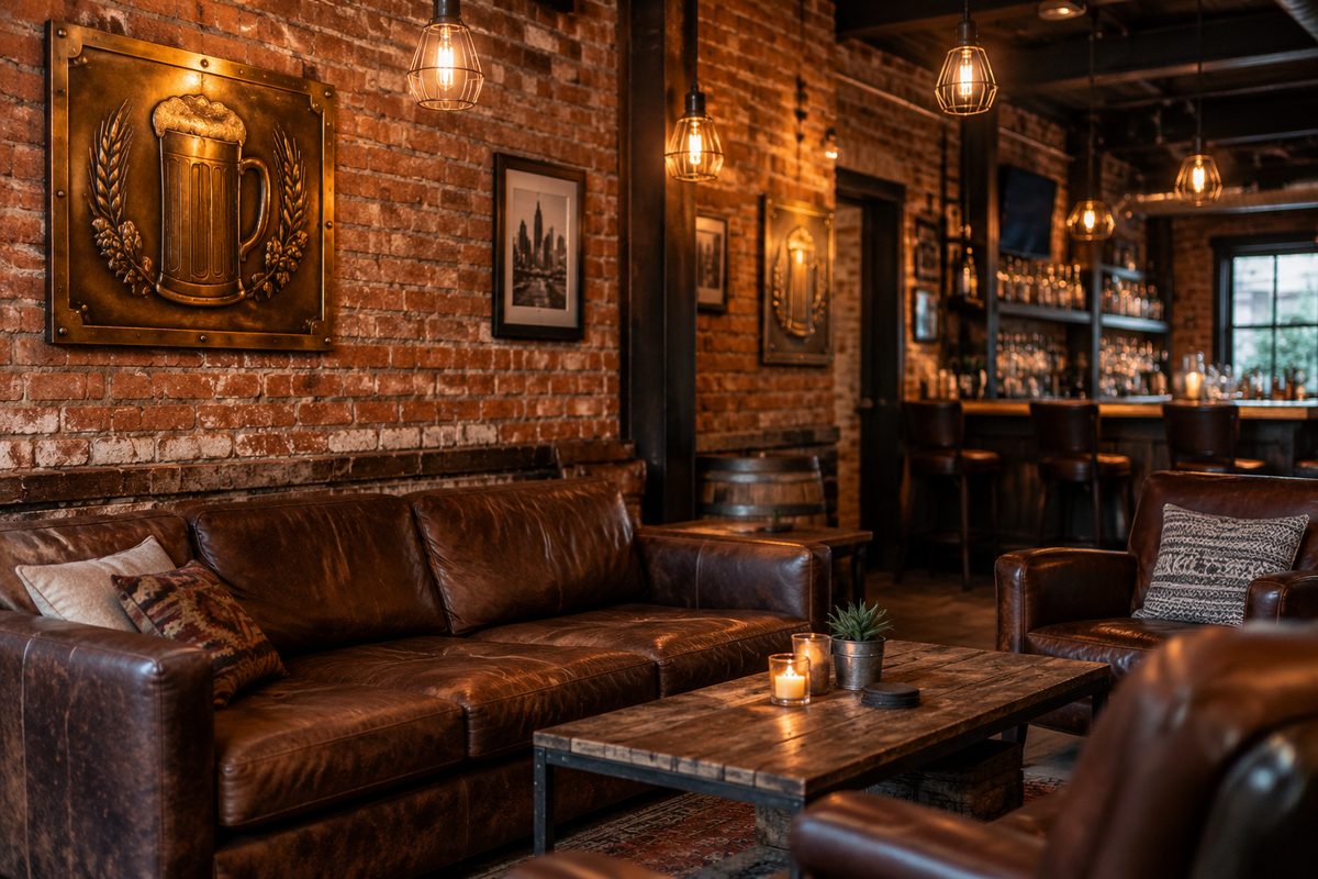 Weathered brick wall and warm ambient lighting inside Brick House Tavern