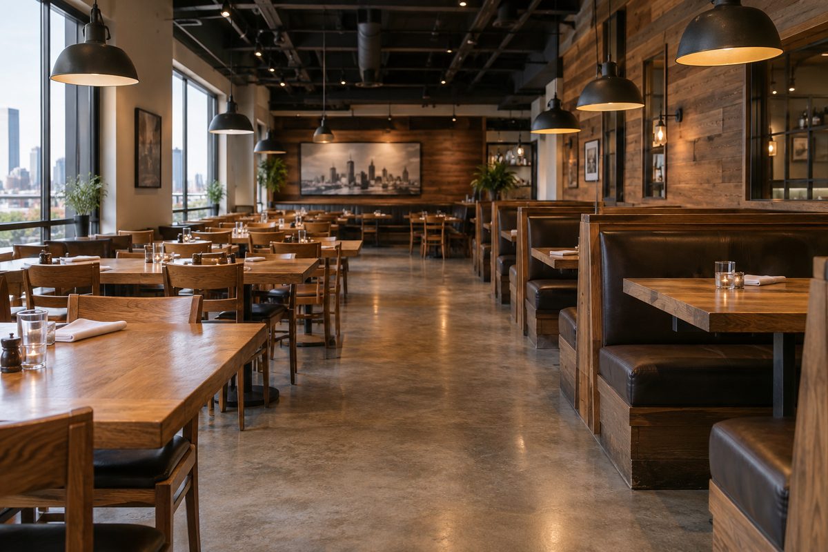 Wide accessible step-free entryway and dining aisles in the tavern