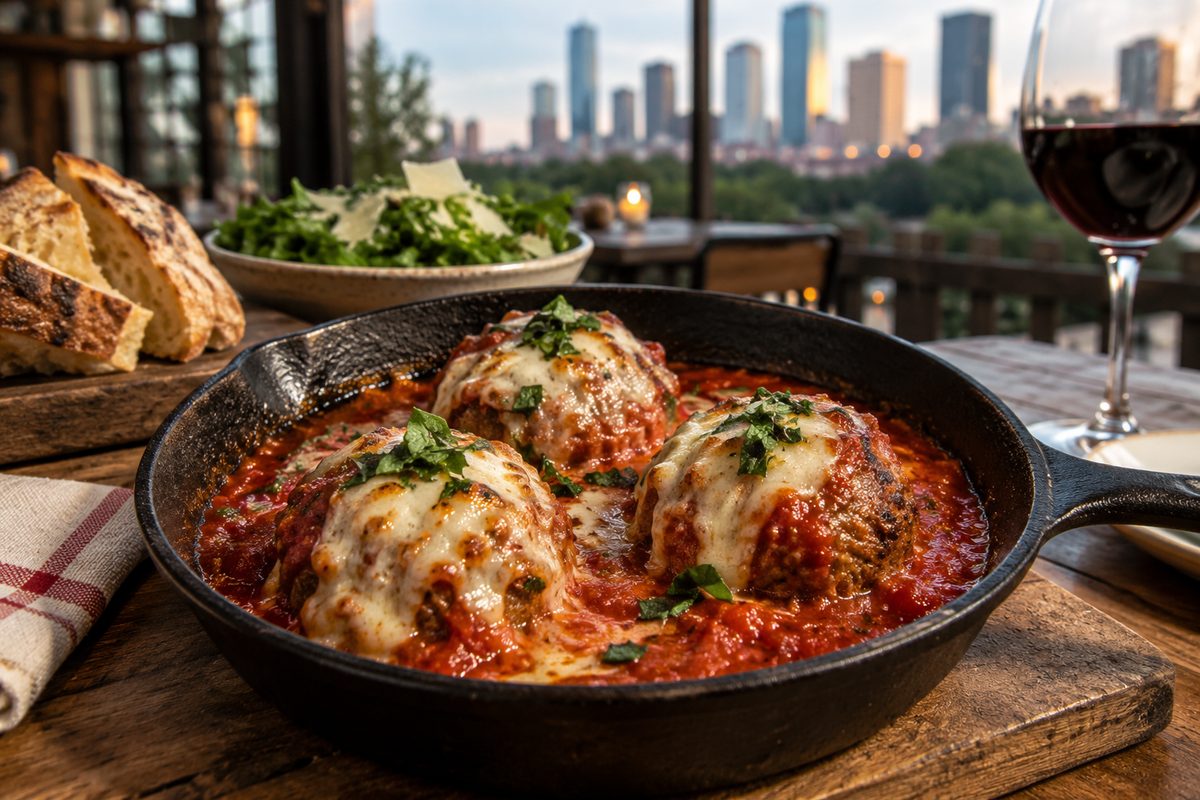 Cast-iron skillet butcher meatballs with bubbling marinara and melted mozzarella