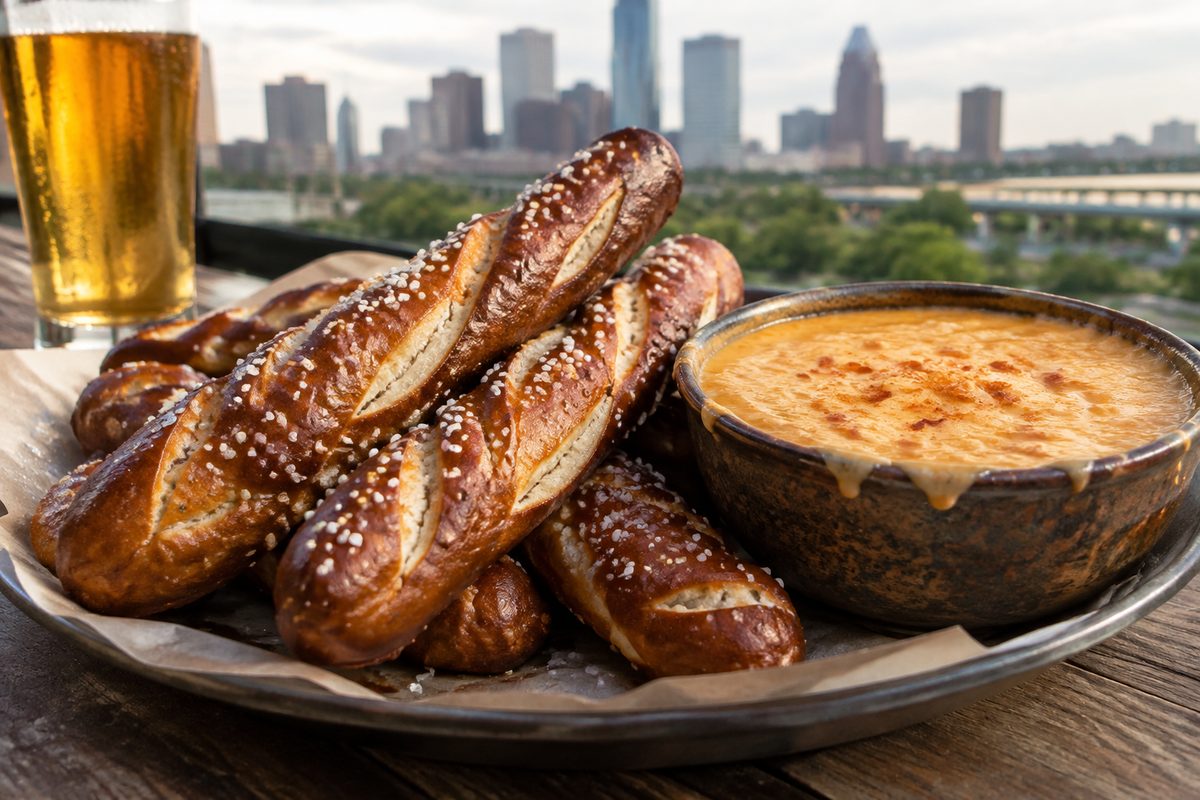 Warm Bavarian soft pretzel sticks with hot beer cheese dip