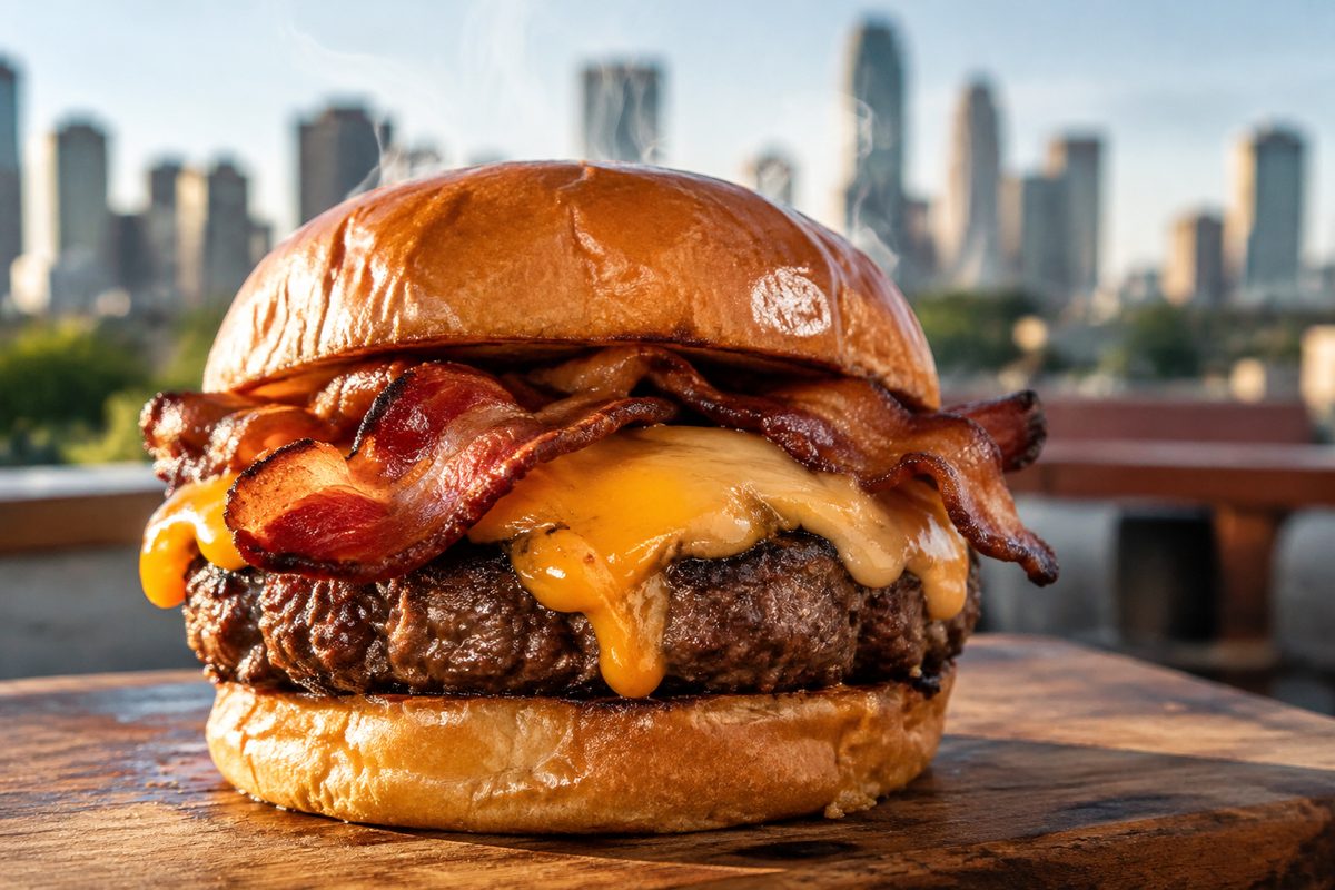Fresh-seared bacon and cheddar tavern burger on a brioche bun