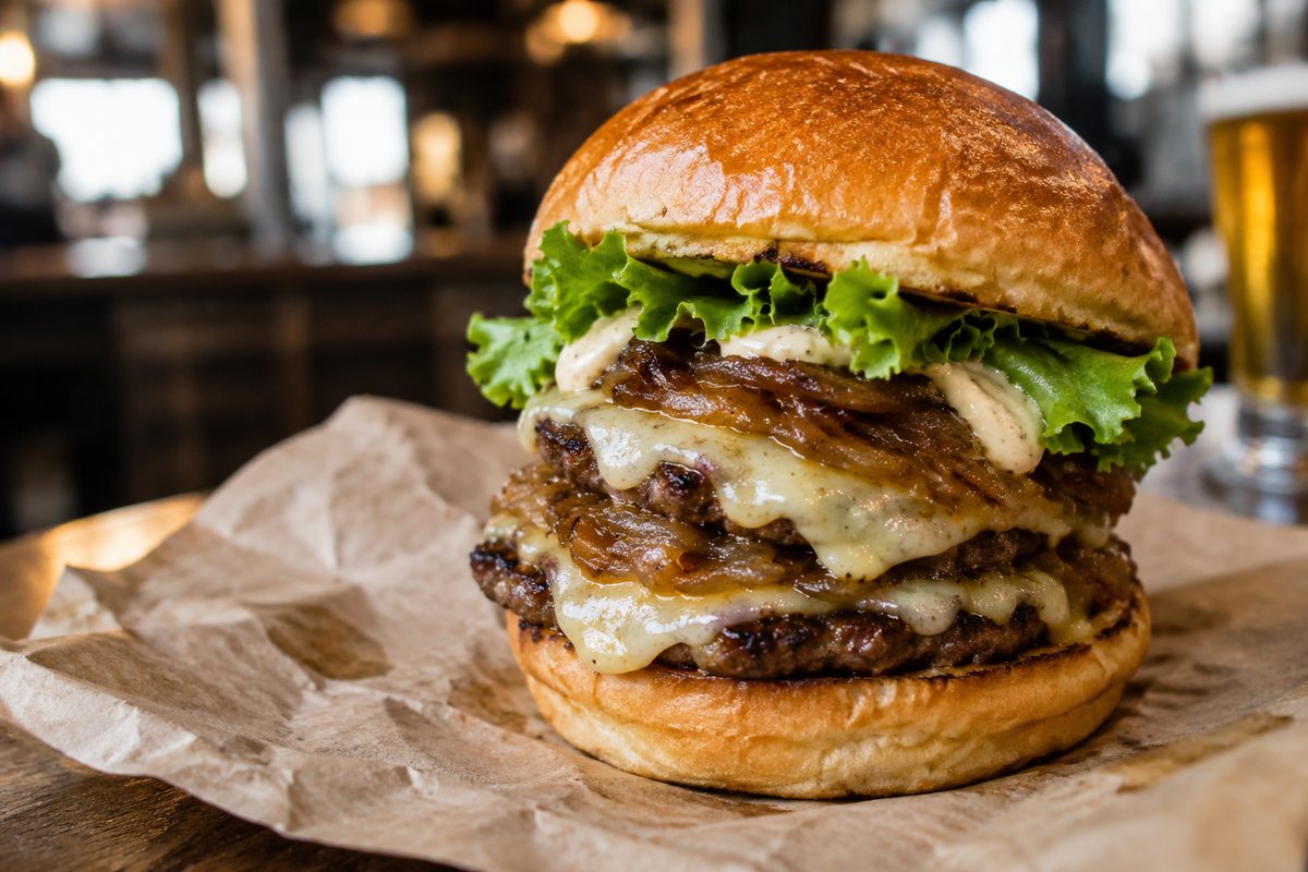 Brick House signature tavern burger with caramelized beer onions