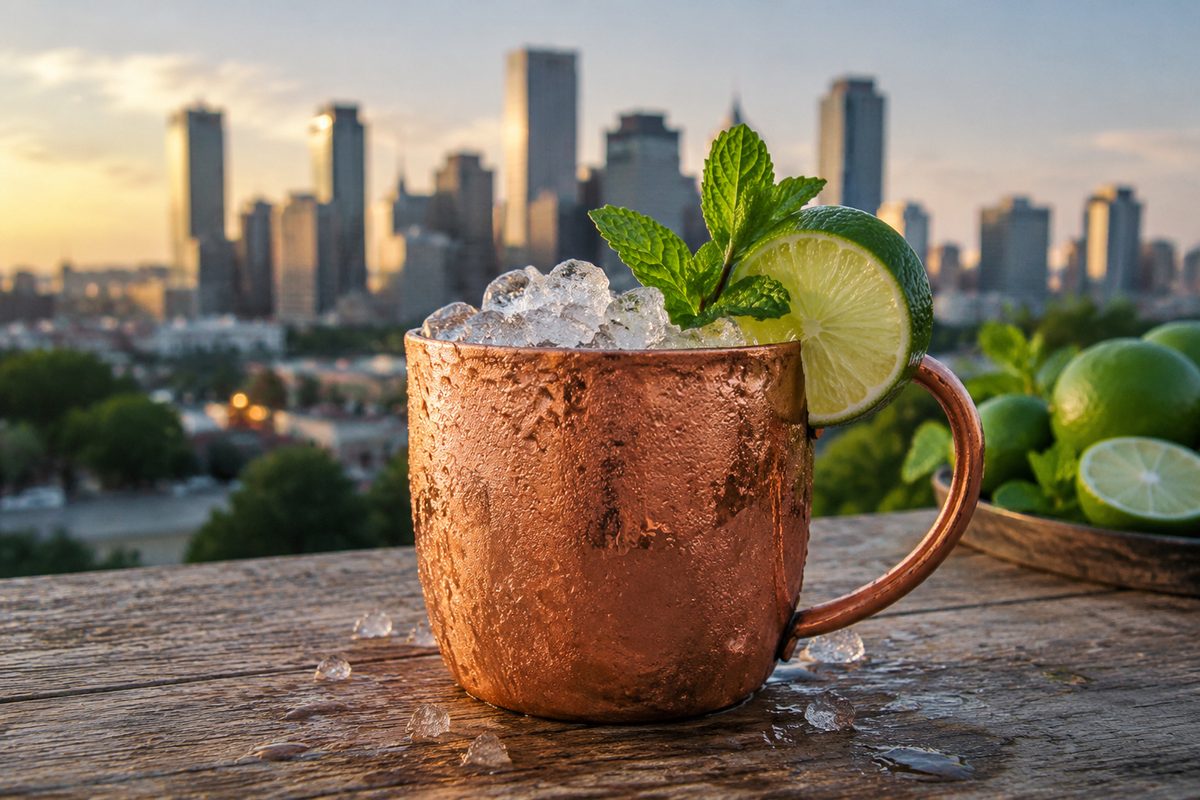 Craft mule cocktail in a chilled frosted copper mug with mint and lime