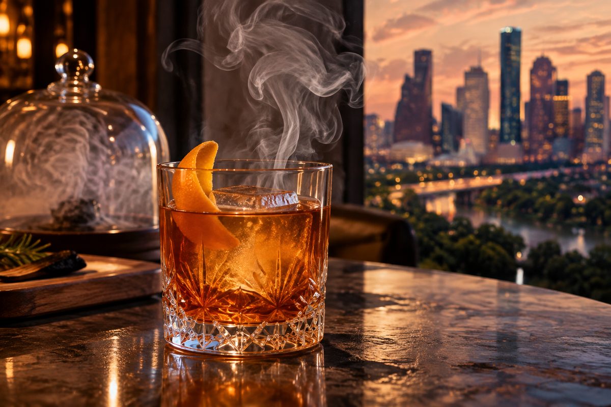 Smoked bourbon old fashioned cocktail with a clear ice sphere and orange peel