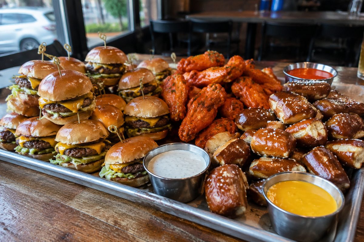 Game day tavern combo platter with sliders, wings, and pretzel bites