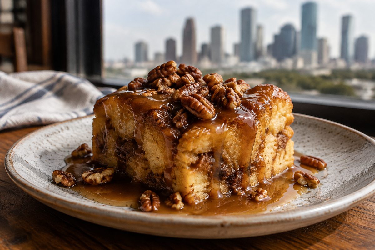 Bourbon caramel bread pudding with toasted pecans