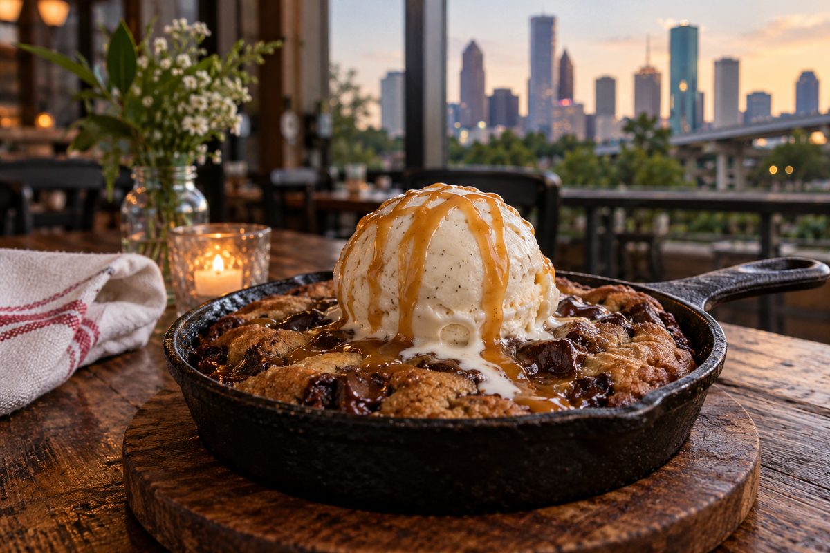 Warm skillet chocolate chip cookie topped with vanilla bean ice cream
