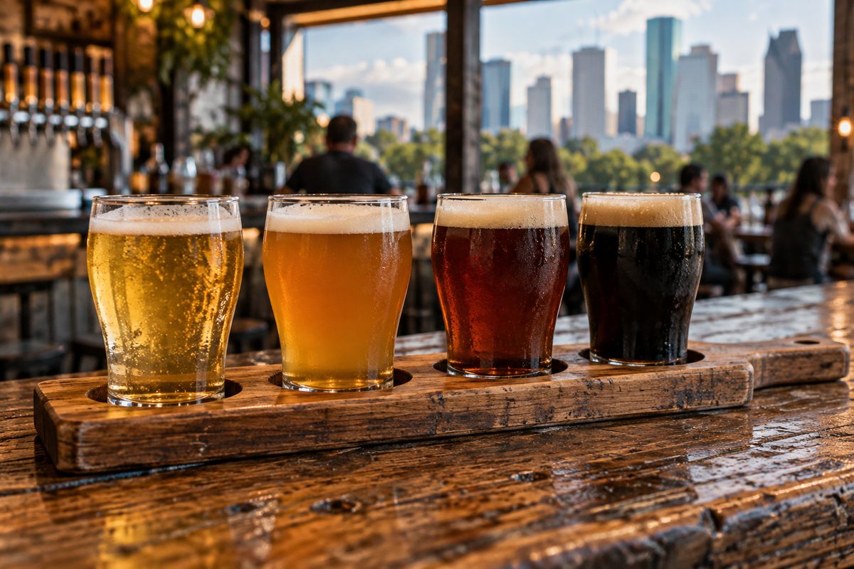 Four-glass craft beer tasting flight on a wooden tavern paddle