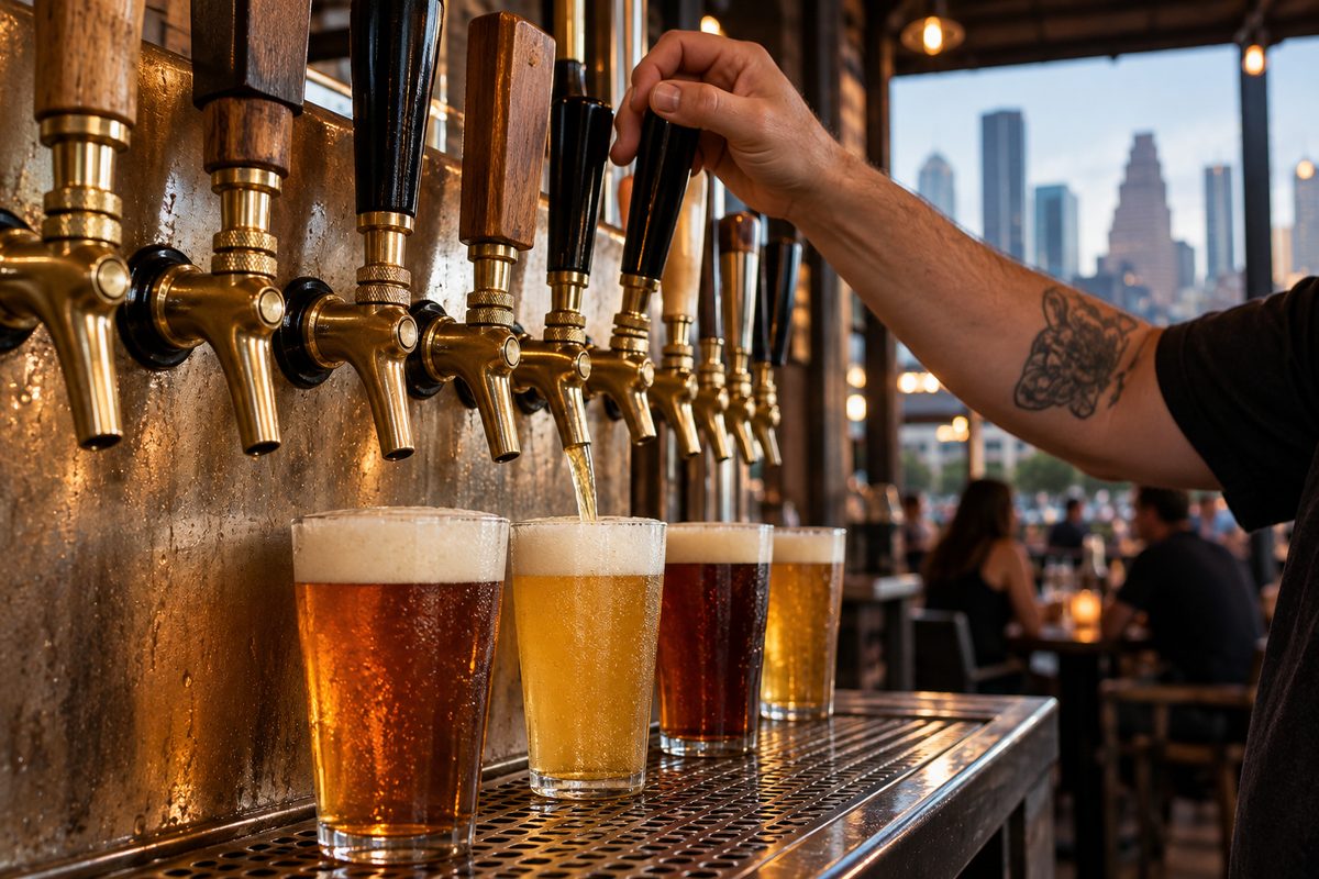 Brass draft beer taps pouring craft beer into heavy glassware