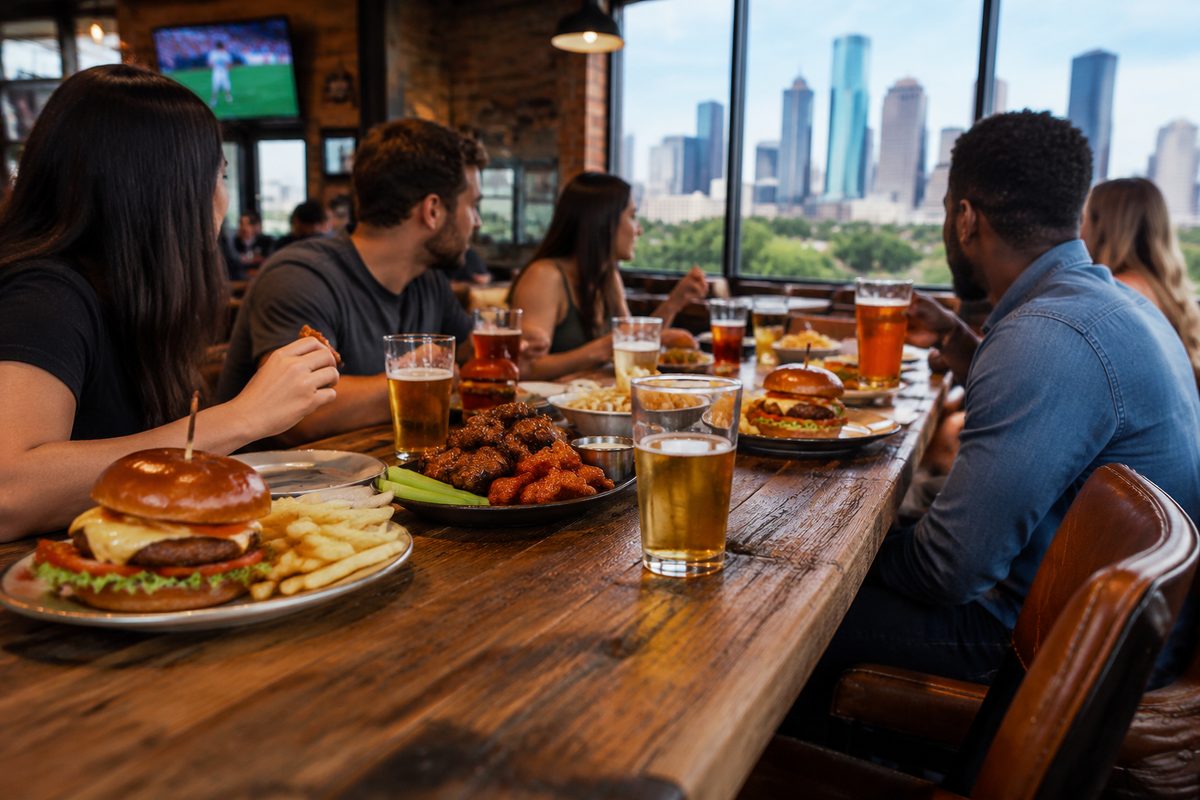 Communal wooden table set for group dining and game day feasts