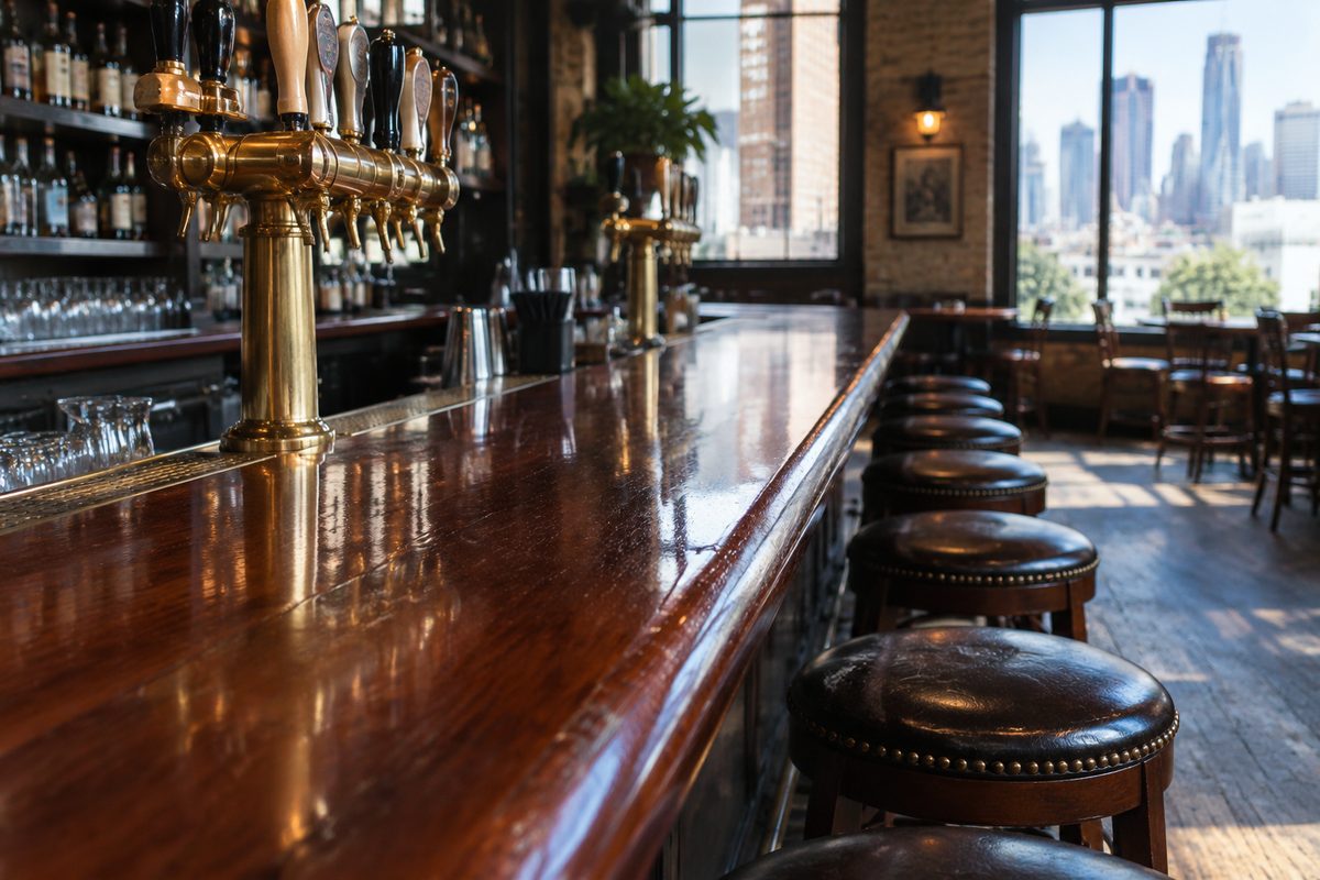 Polished mahogany bar rail and brass draft towers in morning light