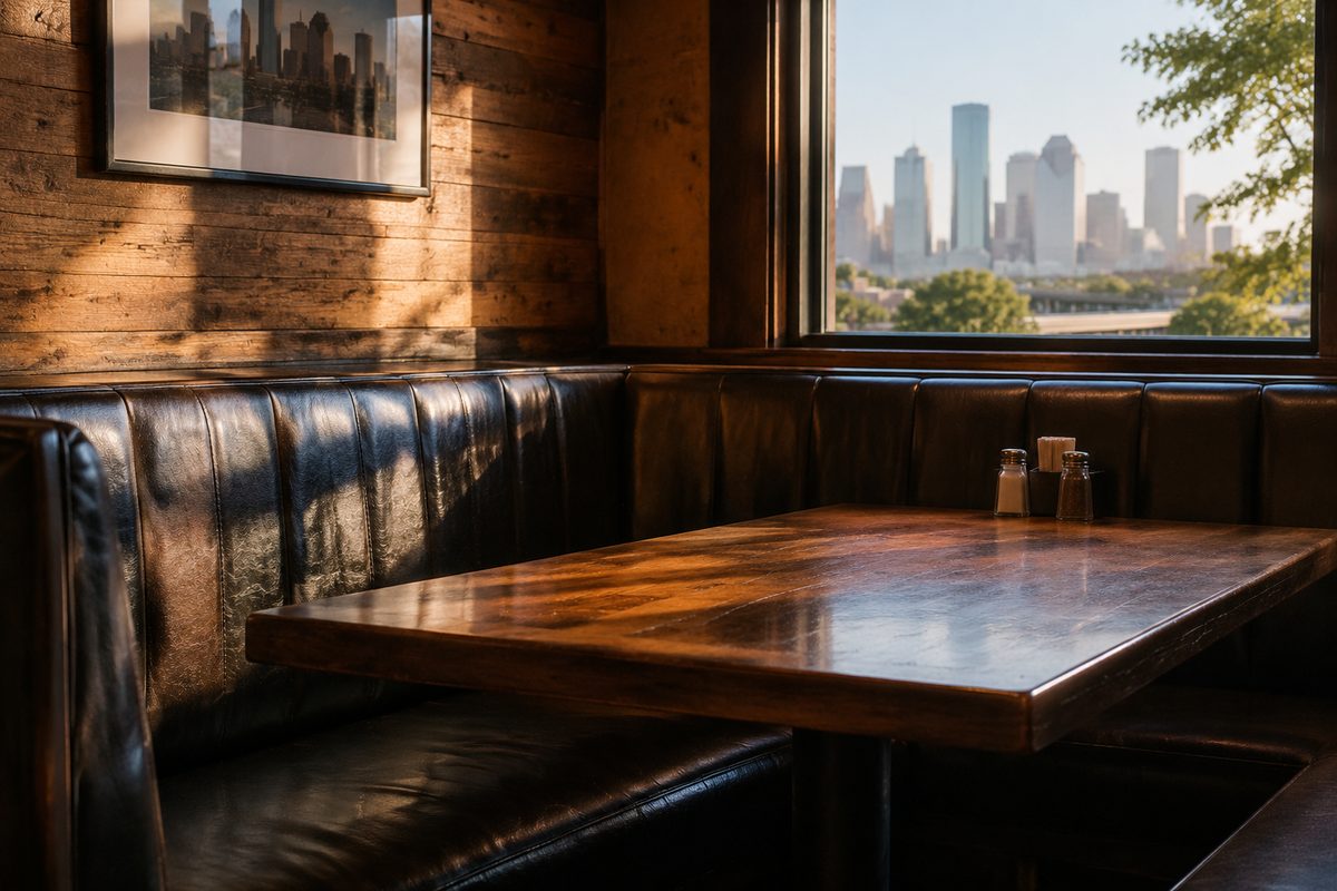 Quiet corner leather booth inside the tavern dining room