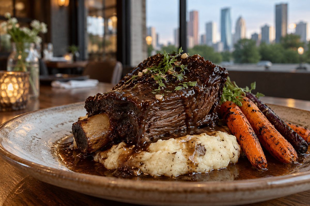 Tender braised beef short ribs with rich reduction gravy and garlic mash