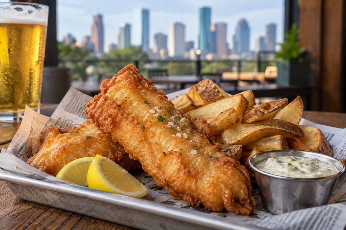 Crispy beer-battered fish fillets served with tavern potato chips