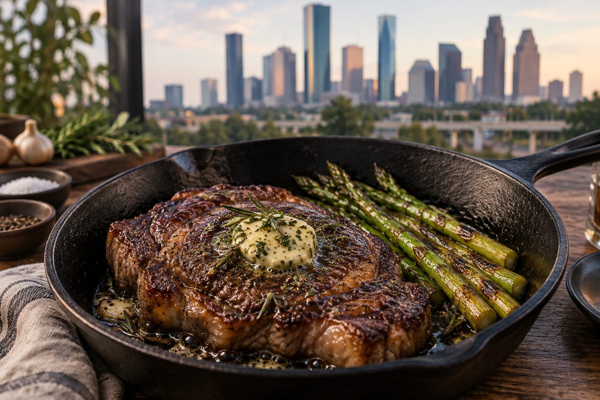 Iron skillet seared ribeye steak with melted herb compound butter
