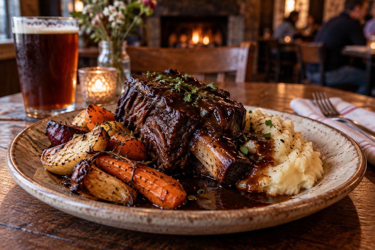 Braised beef short rib dinner platter with red wine pan jus on tavern table