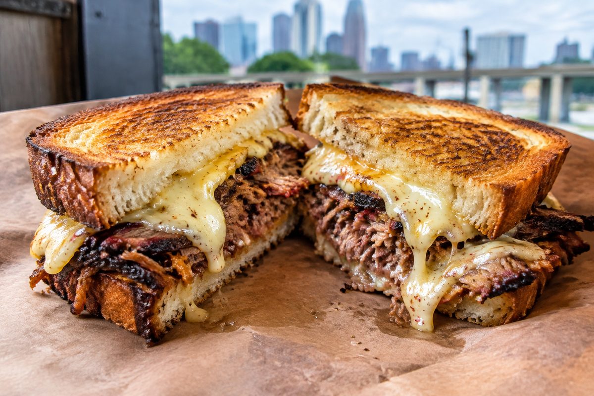 Griddled sourdough sandwich stacked with smoked brisket and molten cheese