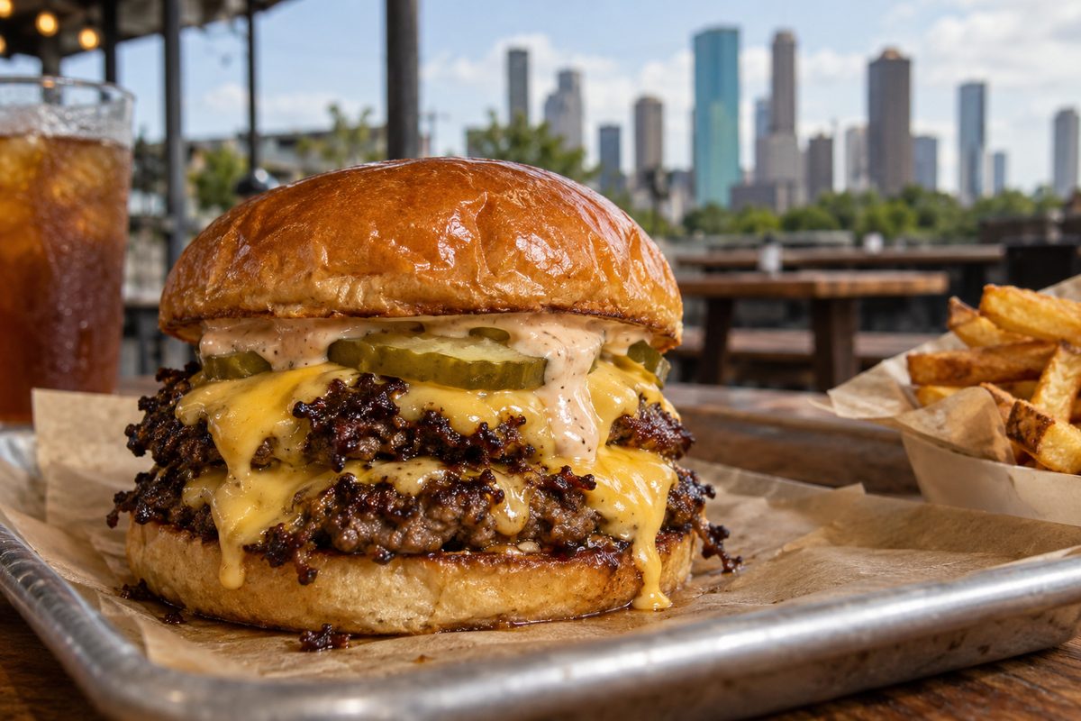 Double smashed beef burger with melted cheese and tavern sauce on a brioche bun