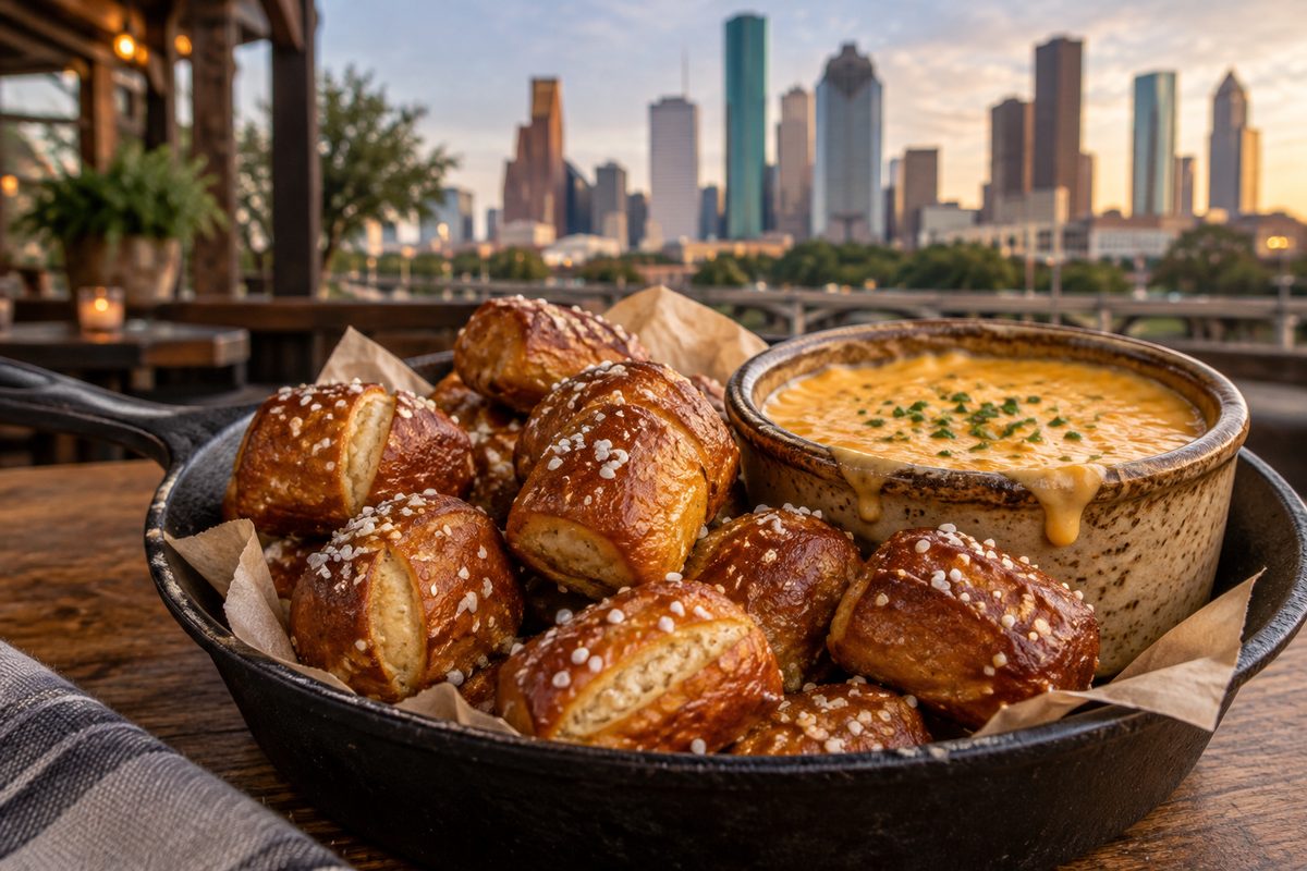 Golden baked soft pretzel nuggets served with hot craft beer cheese