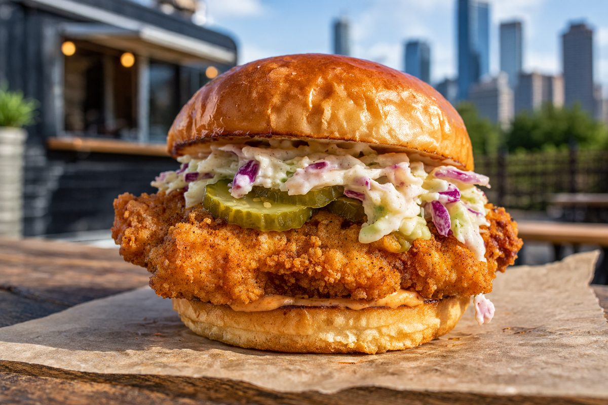 Buttermilk crispy fried chicken sandwich with dill pickles and slaw
