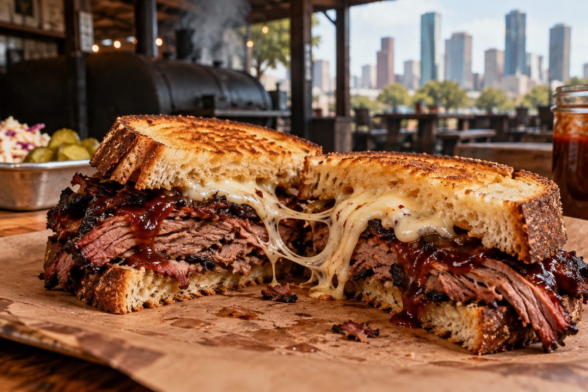 Smoked beef brisket melt with melted pepper jack on sourdough