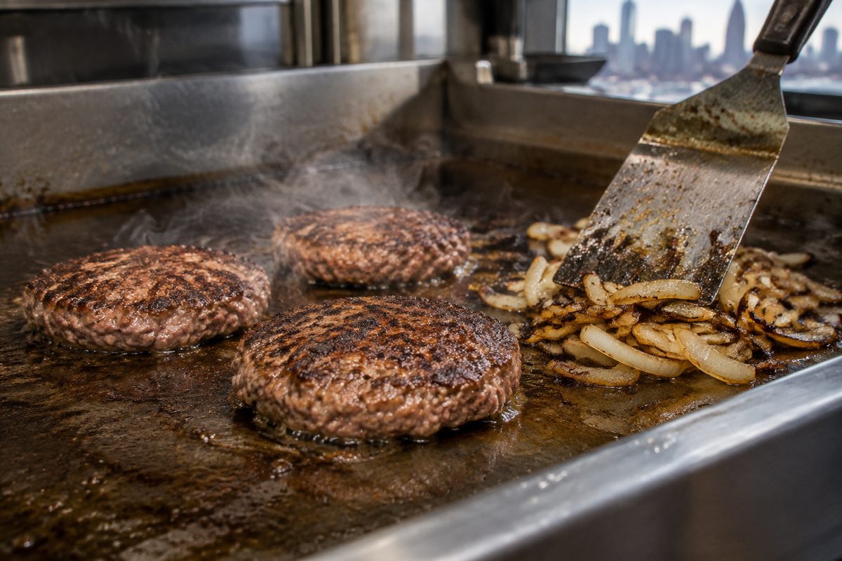 Fresh burger patties searing on a commercial flat-top griddle