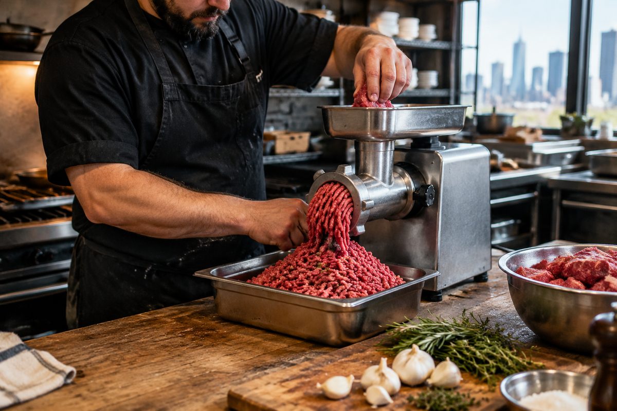 Tavern cook grinding fresh beef chuck in the scratch kitchen prep area