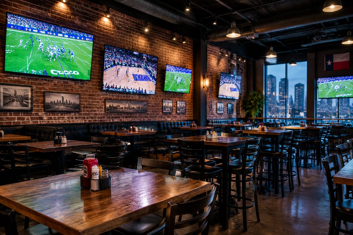 High-definition television screens tuned to live sports in the tavern dining room