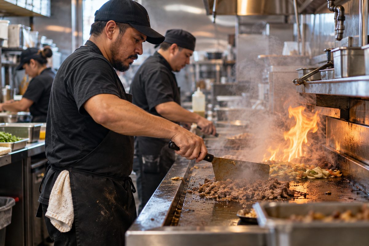 Tavern line cooks searing fresh patties on the hot kitchen griddle